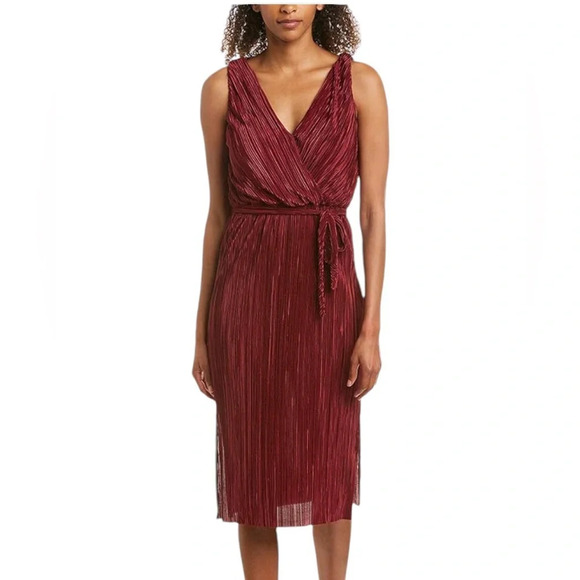 BB DAKOTA Burgundy Micro Pleat Wrap Midi Dress V Neck. Holiday, Christmas. Small - Picture 1 of 7